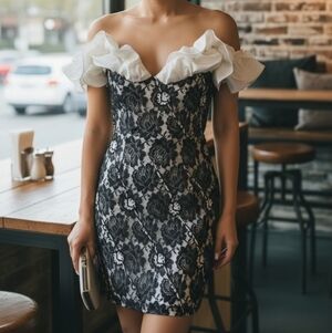 Midnight Glo Black Brown Cream Lace Aline Bodycon Dress W Ruffle Sleeve Sz 6